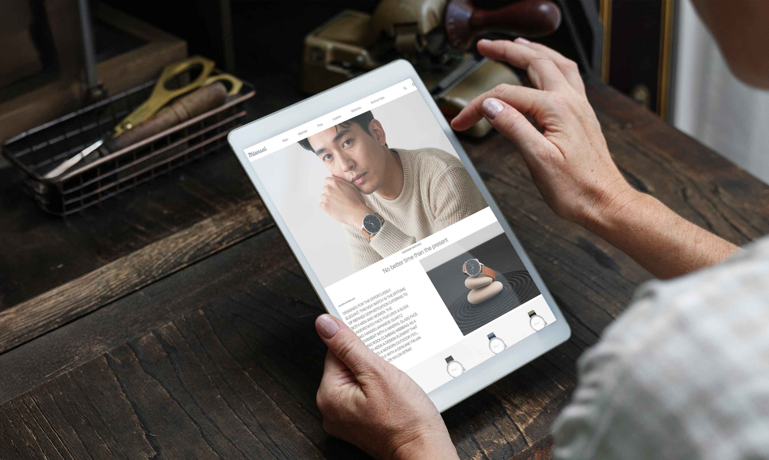 Photoreal Miansai M24 watch — AI product photography with high-end post-production for e-commerce.